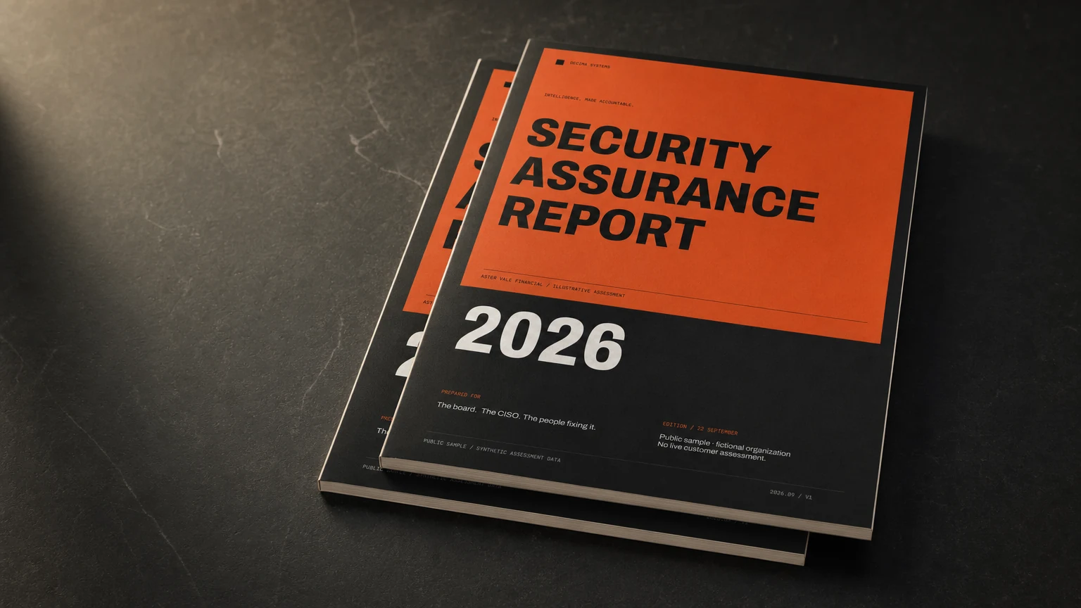 Orange and black Decima Security Assurance Report, staged on a dark stone desk