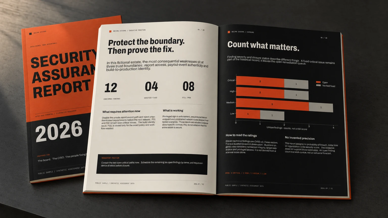 An open Decima report showing an executive summary and orange severity charts